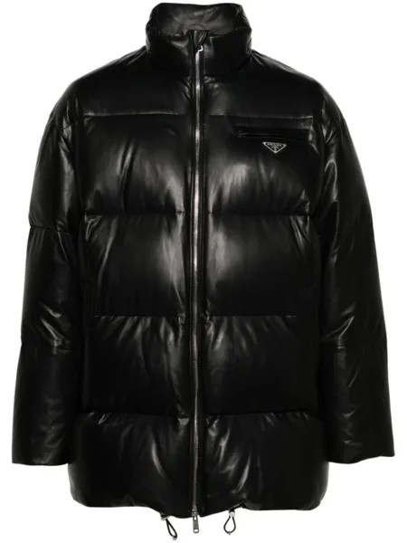 Prada кожаный пуховик с логотипом, черный