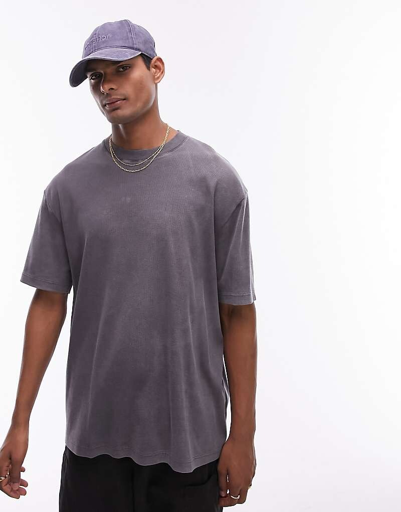 Topman – черная стираная футболка свободного кроя в рубчик