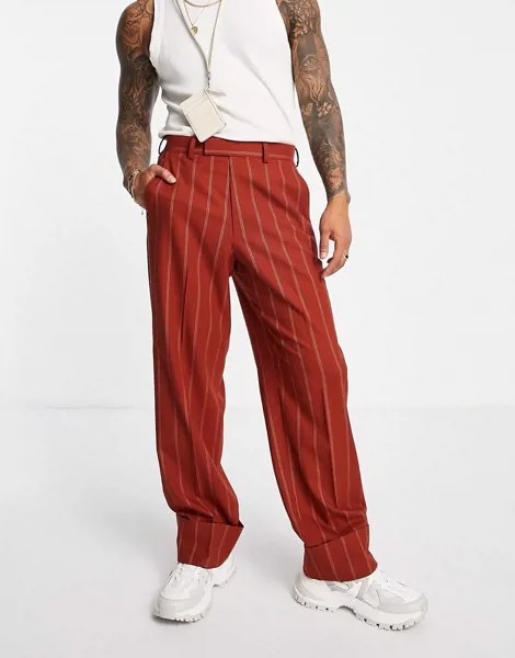 Широкие брюки в строгом стиле рыжего цвета в полоску с широкими отворотами ASOS DESIGN-Auburn