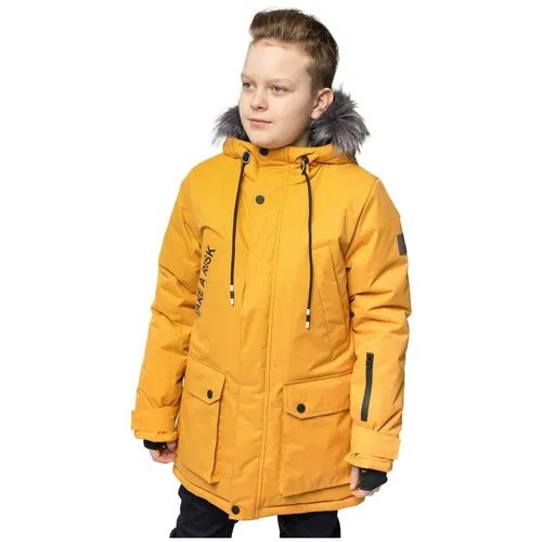 Парка UKI Kids зимняя, удлиненная, регулировка ширины, регулируемый капюшон, карманы, манжеты, капюшон, ветрозащита, внутренний карман, отделка мехом, подкладка, мембрана, утепленная, размер 128, горчичный