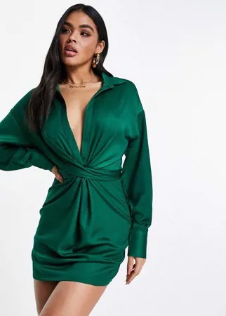 Атласное платье изумрудно-зеленого цвета с узлом спереди In The Style x Syd & El-Голубой