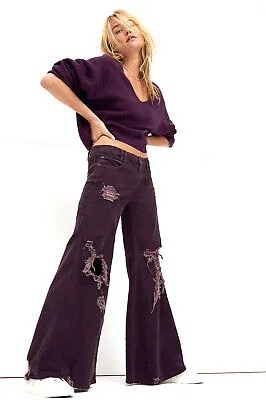 Эластичные расклешенные джинсы Free People Night Fever со шнурком цвета сливового вина 27 NWT