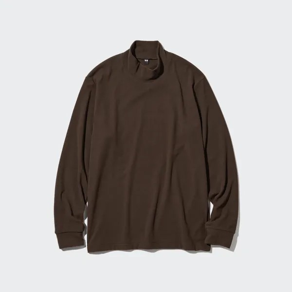 Футболка флисовая Uniqlo с вырезом и длинными рукавами, темно - коричневый
