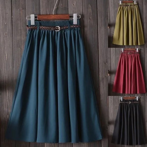 Женщины Дамы Миди Колено Длина Высокой Waist-лайн плиссированные юбки с поясом