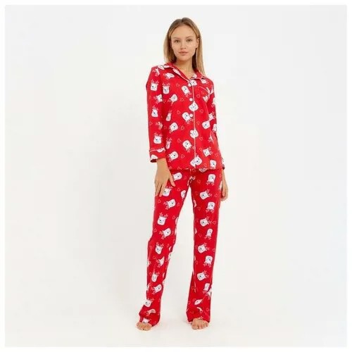 Пижама Promarket, брюки, рубашка, застежка пуговицы, длинный рукав, без карманов, размер 48, красный