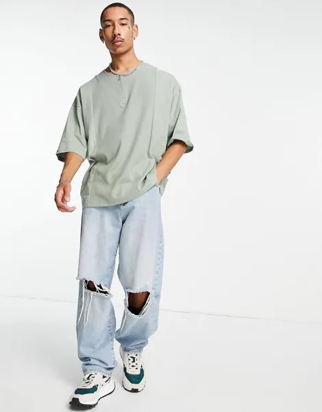 Фактурная oversized-футболка цвета хаки с рукавами до локтя и вставками ASOS DESIGN-Зеленый цвет