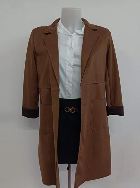 Замшевое пальто дастер с карманами, темно коричневый
