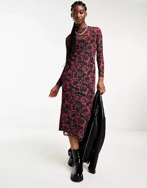 Прозрачное платье миди с длинными рукавами New Look с принтом роз