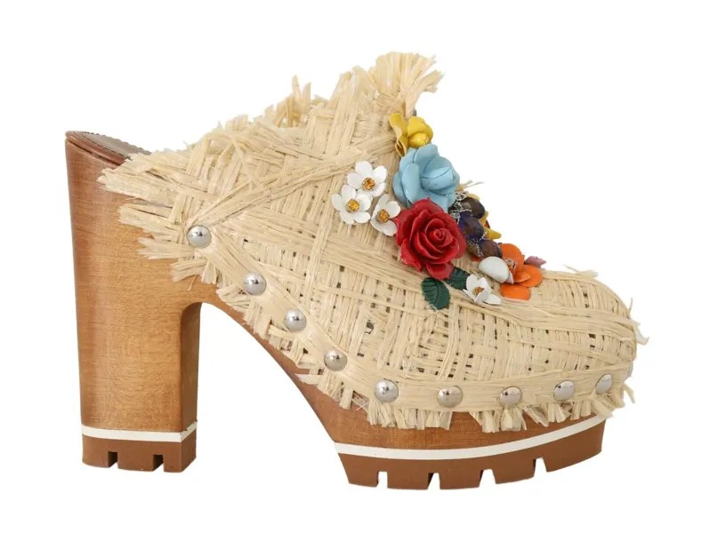 DOLCE - GABBANA Туфли Бежевые шлепанцы из рафии с цветочным принтом s. ЕС39 / 8,5 США Рекомендуемая розничная цена 3700 долларов США