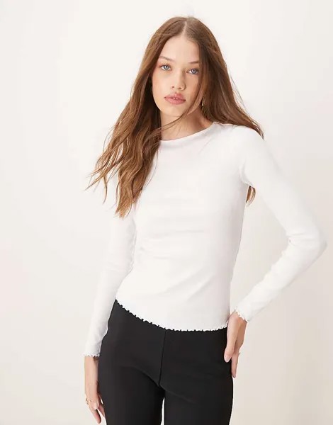 Белый топ с длинными рукавами и салатовой каймой New Look