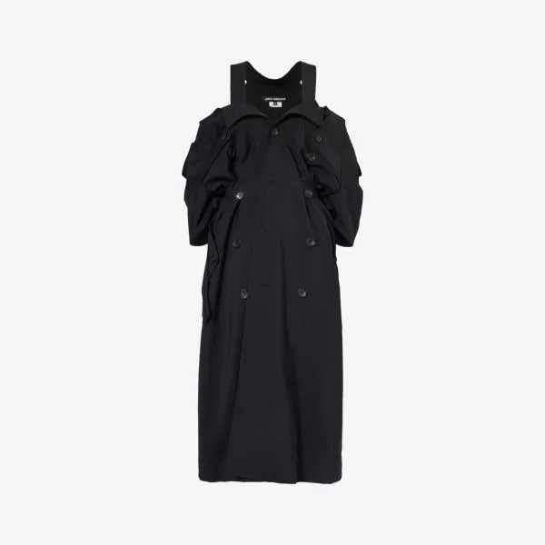 Пальто из смесовой шерсти с открытыми плечами и поясом на талии Junya Watanabe, черный