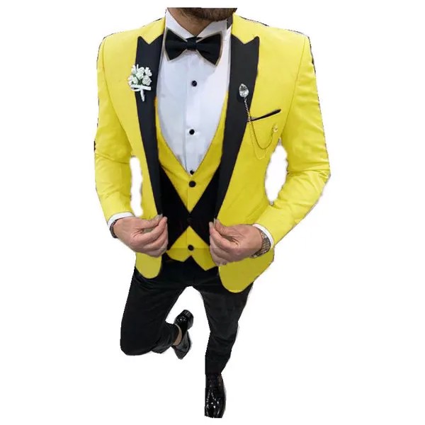 Официальный желтый деловой костюм из 3 предметов для свадебной вечеринки, мужской костюм-тройка, Блейзер, платье для жениха 2021, смокинг, пидж...