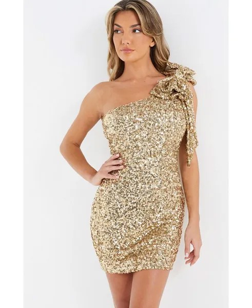 Женское облегающее платье с пайетками и бантом на одно плечо QUIZ, золото