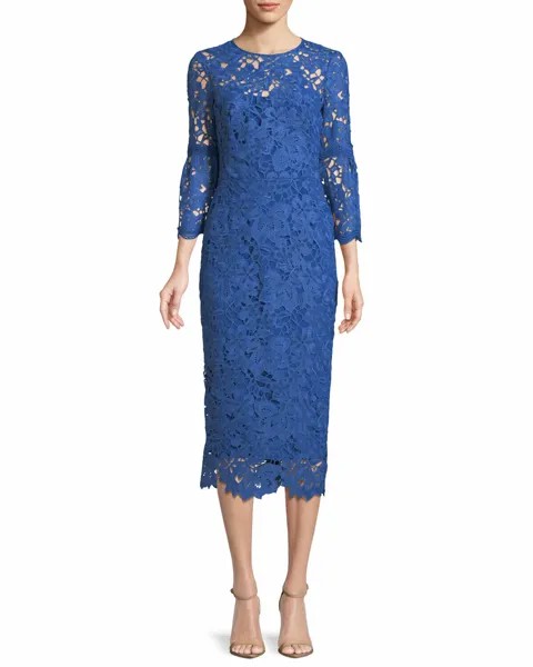 NEW LELA ROSE Кобальтово-синее гипюровое платье миди с цветочным рисунком и воланами, расклешенными рукавами, 8 м
