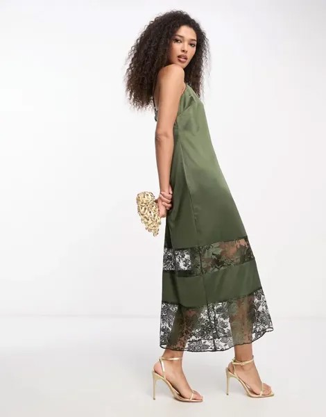 Платье-комбинация цвета хаки River Island с кружевной отделкой
