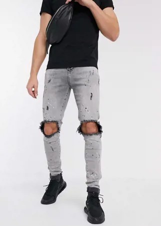 Серые джинсы скинни с рваными коленями и брызгами краски SikSilk-Серый