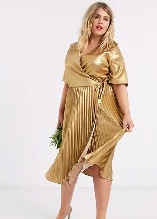 Золотистое платье миди с запахом и плиссировкой TFNC Plus-Золотистый