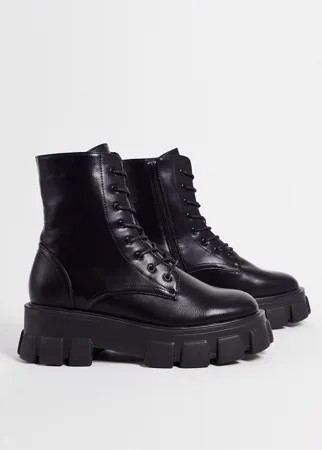 Черные ботинки из искусственной кожи на очень массивной подошве и шнуровке Truffle Collection-Черный цвет