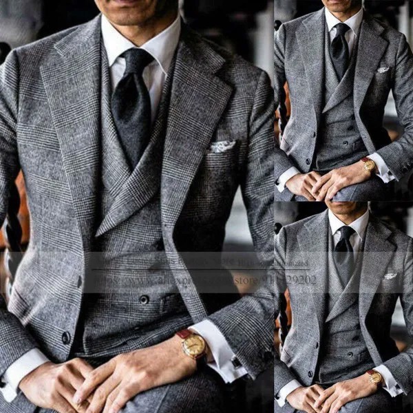 Костюм Homme Mariage в клетку из твида с рисунком «гусиные лапки» Уэльс Винтаж Для мужчин, 3 предмета, костюмы в клетку, лацкан с тупым углом; Зауженный фрак жениха для свадебное