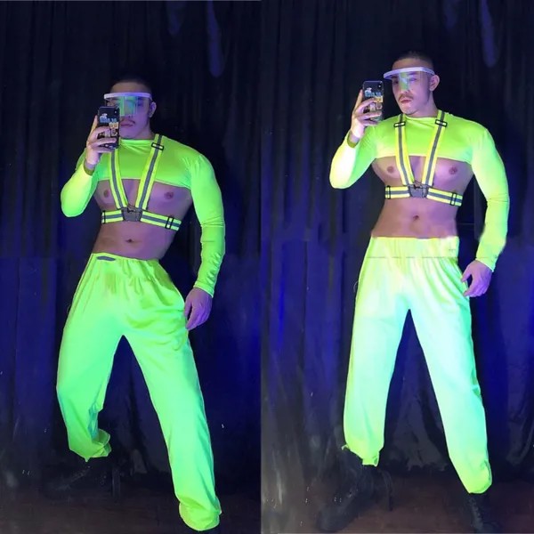 Сексуальные мужские костюмы для танцев на шесте, флуоресцентный зеленый костюм для мужчин, Dj Ds Gogo одежда в стиле Рейв, праздничная Клубная о...