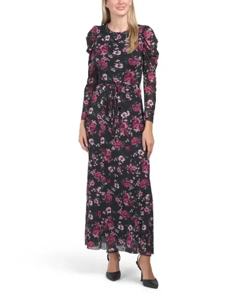 Платье макси с цветочным принтом и пышными рукавами Anne Klein, черный