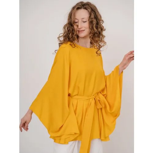 Блуза  Модный Дом Виктории Тишиной, повседневный стиль, оверсайз, укороченный рукав, пояс/ремень, однотонная, размер One Size, желтый