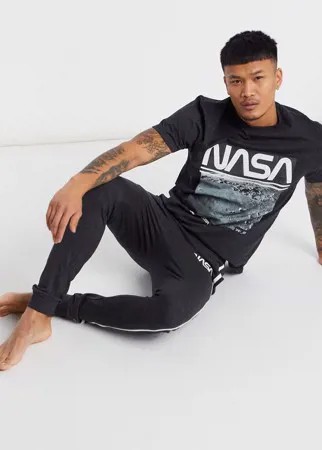 Пижама для дома с футболкой и джоггерами с принтом NASA ASOS DESIGN-Черный цвет