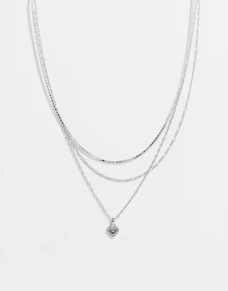 Серебристое ярусное ожерелье с сердечком со вставками Topshop-Серебристый