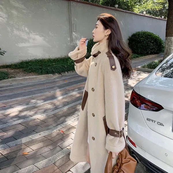Женское Двухрядное шерстяное пальто, корейское свободное и универсальное пальто средней и длины из искусственной норки на пуговицах, зима ...