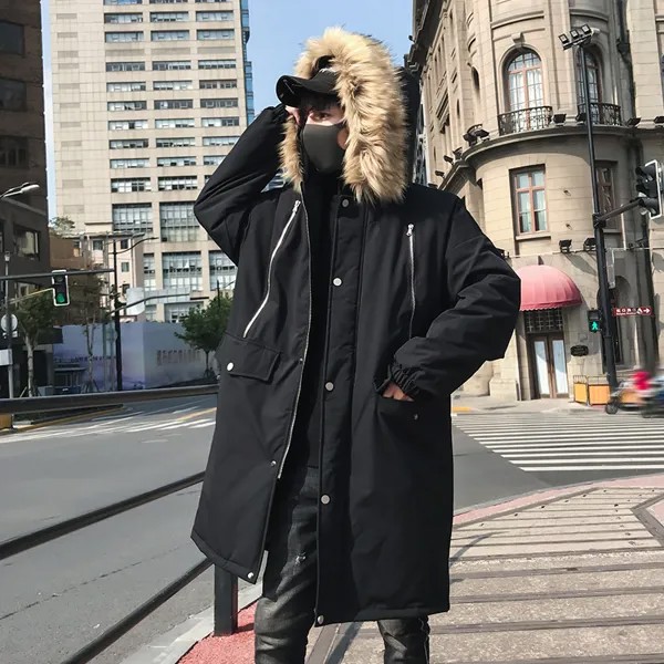 Длинное Мужское пальто 2019, зимняя утепленная хлопковая стеганая парка с меховым воротником и капюшоном, Мужская ветровка в стиле хип-хоп, Мужская Уличная одежда