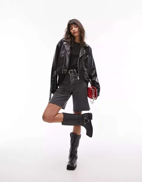Черная укороченная байкерская куртка из искусственной кожи Topshop