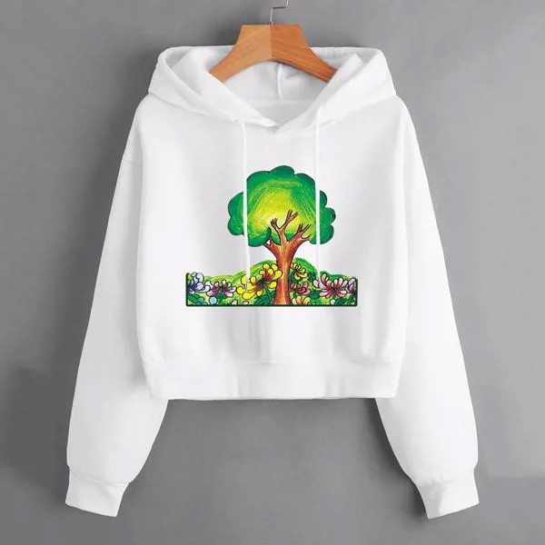 Короткое худи дерево и с цветочным принтом на кулиске
