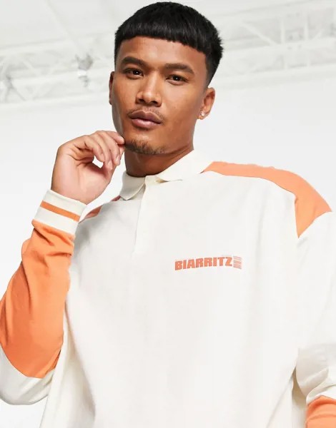Футболка-поло oversized в стиле колор блок с длинными рукавами и текстовым принтом ASOS DESIGN-Разноцветный