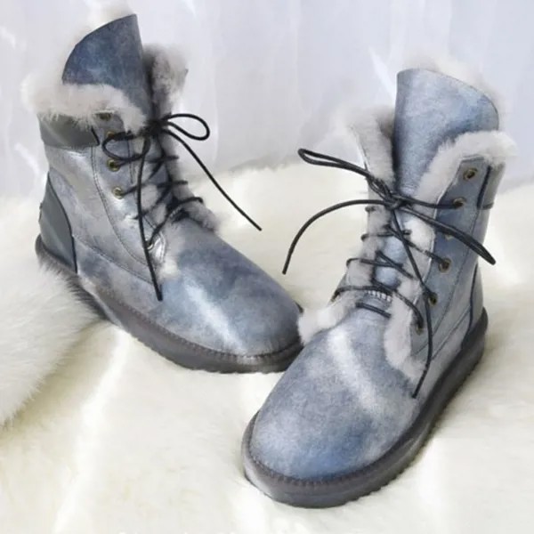 Женские зимние ботинки из овечьей кожи, на шнуровке, с натуральным овечьим мехом, камуфляжная модная женская обувь синего цвета на плоской п...