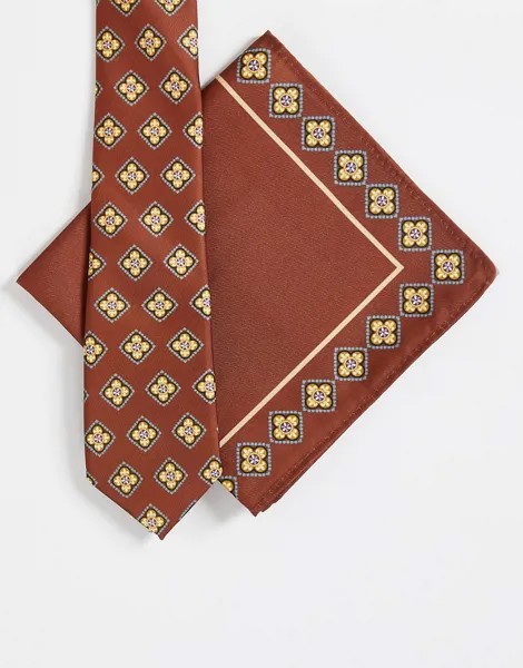 Узкий галстук и платок для нагрудного кармана с принтом в стиле ретро ASOS DESIGN-Разноцветный
