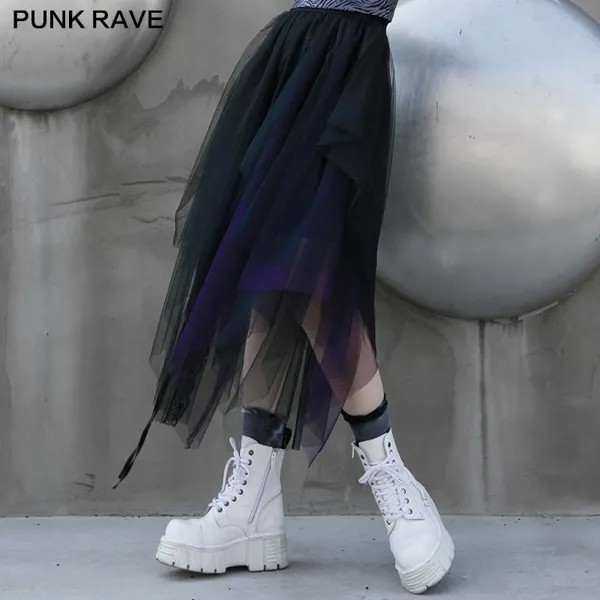 Панк рейв Для женщин сетчатый в готическом стиле свободные пушистые-Форма длинная юбка Асимметричный декоративных кружев и с эластичной ре...