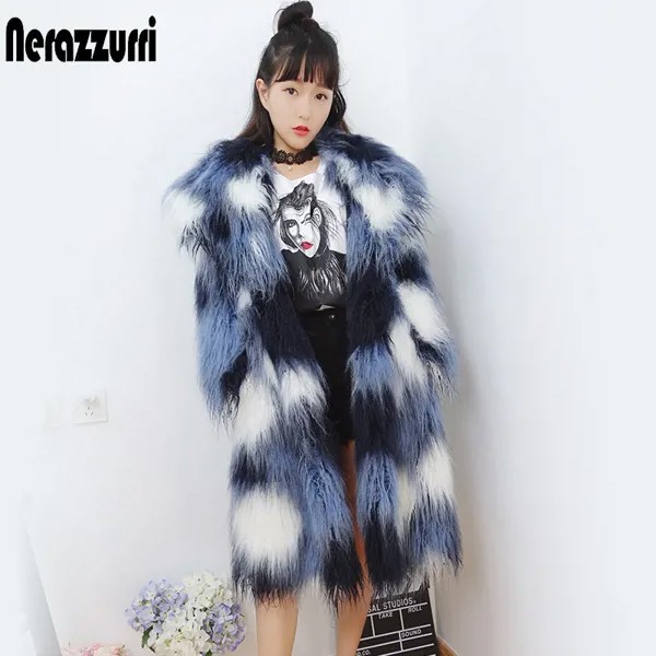 Зимнее пальто Nerazzurri из искусственного меха пушистое с длинным рукавом женское пушистое цветное пальто из монгольской овечьей шерсти тепло...