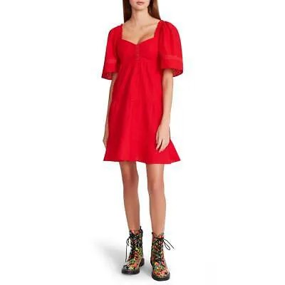 Женское красное хлопковое мини-платье Betsey Johnson с короткими пышными рукавами L BHFO 2812