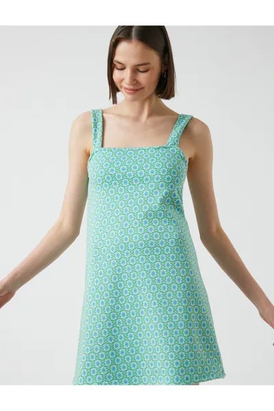 Мини-платье с цветочным принтом и U-образным вырезом Koton, зеленый