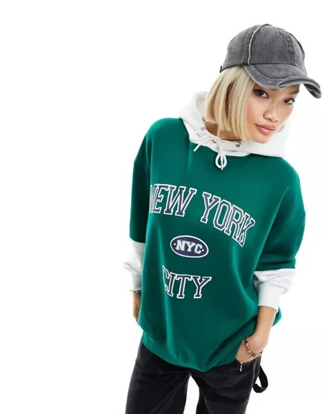 Двухслойное худи оверсайз зеленого и белого цвета Daisy Street с принтом «Нью-Йорк»