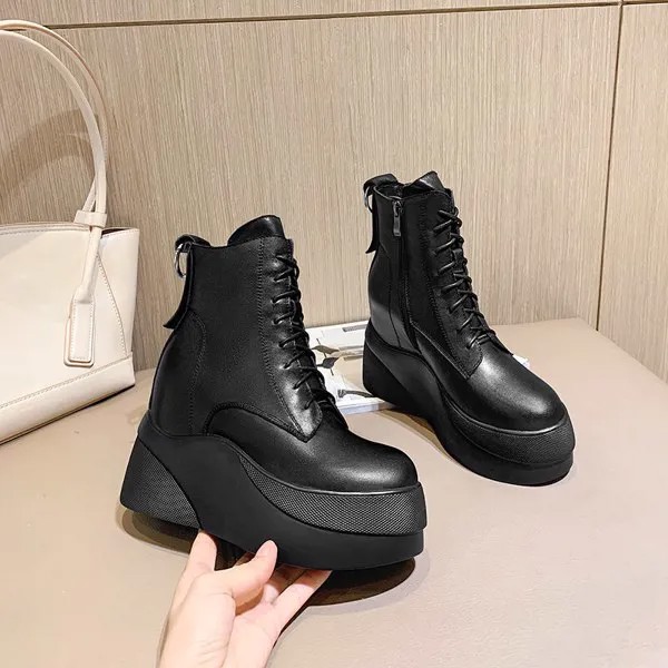Япония, Южная Корея, новые зимние женские ботильоны модные ботинки из натуральной кожи на танкетке 8 см Женская обувь на высоком каблуке