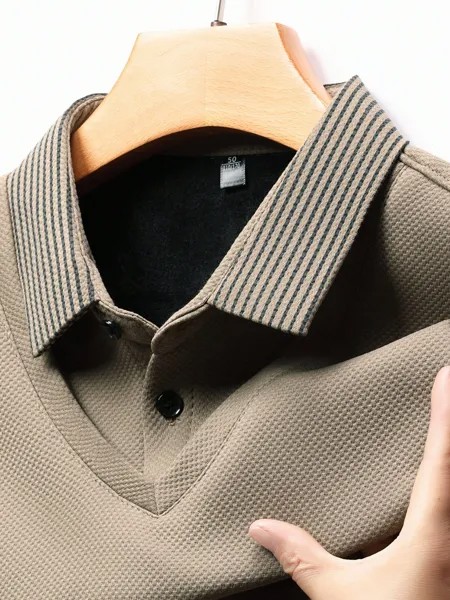 Цельная мужская рубашка-поло в компактную полоску с длинным рукавом, Khadi Идеально подходит для легкого делового наряда осенью и зимой, хаки