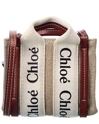 Женская сумка-тоут Chloé Woody Nano из ткани и кожи бежевого цвета