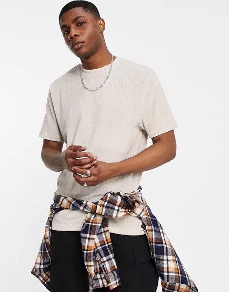 Свободная велюровая футболка в рубчик цвета экрю ASOS DESIGN-Светло-бежевый цвет