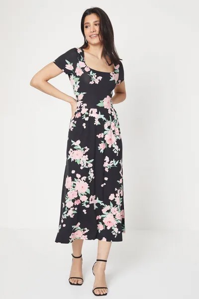 Платье миди с квадратным вырезом и короткими рукавами с цветочным принтом Dorothy Perkins, мультиколор