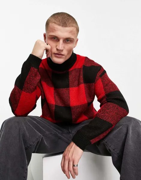 Красно-черный пушистый джемпер в клетку с высоким воротником ASOS DESIGN