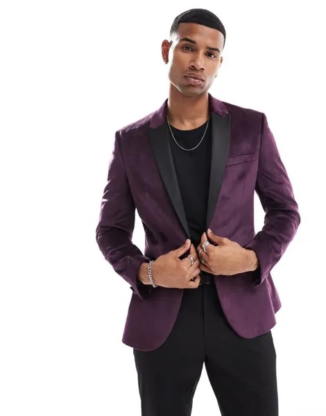 Сливовый бархатный пиджак скинни ASOS DESIGN