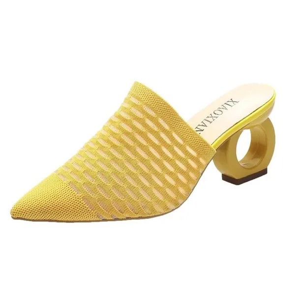 Указал ног женщин тапочки желтый Тканые женщины обувь растянуть ткань женщин сандалии сетки мулов Элегантная женская обувь плюс размер