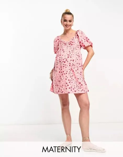 Розовое мини-платье с цветочным принтом и пышными рукавами Wednesday's Girl