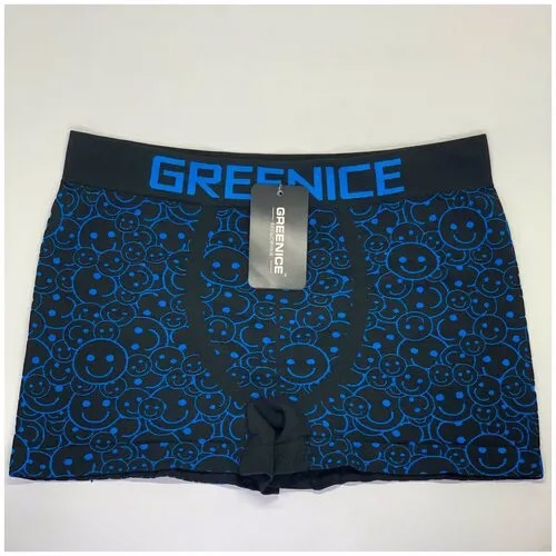 GREENICE Трусы боксеры бесшовные мужские, принт смайлики, черный/синий, размер M/L